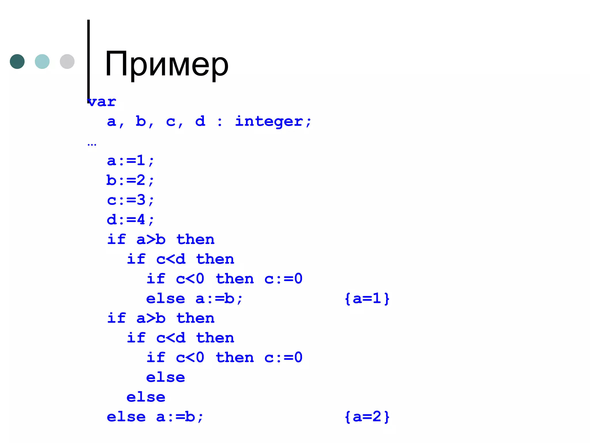 Пример var  a, b, c, d : integer; … a:=1; b:=2; c:=3; d:=4; if a>b then if c<d then if c<0 then c:=0 else a:=b;  {a=1} if a>b then if c<d then if c<0 then c:=0 else else else a:=b;  {a=2} 