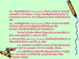 ๑๐ .  ทัศนสัญลักษณ์   ( Visul Symbols )  ได้แก่ แผนภาพ แผนภูมิ แผนสถิติ ภาพโฆษณา การ์ตูน เป็นสัญลักษณ์สำหรับการถ่ายทอดความหมาย นำมาใช้แทนความหมายที่เป็นข้อเท็จจริง ๑๑ .  วจนสัญลักษณ์  ( Verbal Symbols )  ได้แก่ คำพูด ตัวหนังสือ ตัวอักษร ผู้ที่จะเข้าใจสัญลักษณ์นี้ได้ต้องอาศัย ประสบการณ์เดิมเป็นพื้นฐานมากพอสมควร นักเทคโนโลยีการศึกษาได้แบ่งประเภทของสื่อการสอน พอจะสรุปเป็น ๓ ประเภท ดังนี้ ๑ .  ประเภทวัสดุ  ( Material or Software )  เป็นสื่ออยู่ในรูปของภาพ เสียงหรือตัวอักษร แยกเป็น ๒ ชนิด ๑ . ๑ ชนิดที่สามารถสื่อความหมายได้ด้วยตัวของมันเอง เช่น รูปภาพ แผนภูมิ ภาพวาด หนังสือ เป็นต้น ๑ . ๒ ชนิดที่ต้องอาศัยเครื่องมือเสนอเรื่องราวไปสู้ผู้เรียน เช่น สไลด์ ภาพโปร่งใส แถบบันทึกเสียง ฟิล์มภาพยนตร์ เป็นต้น 