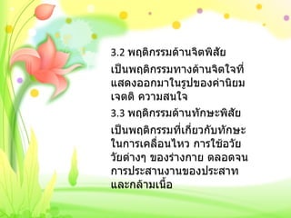 3.2  พฤติกรรมด้านจิตพิสัย เป็นพฤติกรรมทางด้านจิตใจที่แสดงออกมาในรูปของค่านิยม เจตติ ความสนใจ 3.3  พฤติกรรมด้านทักษะพิสัย เป็นพฤติกรรมที่เกี่ยวกับทักษะในการเคลื่อนไหว การใช้อวัยวัยต่างๆ ของร่างกาย ตลอดจนการประสานงานของประสาทและกล้ามเนื้อ 