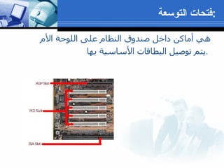 هي أماكن داخل صندوق النظام على اللوحة الأم  يتم توصيل البطاقات الأساسية بها  .  فتحات التوسعة  : 