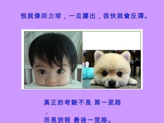 恨就像回力球，一旦擲出，很快就會反彈。 真正的考驗不是 第一里路， 而是旅程 最後一里路。   