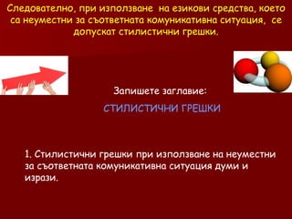 Следователно, при използване  на езикови средства, което са неуместни за съответната комуникативна ситуация,  се допускат стилистични грешки. Запишете заглавие: СТИЛИСТИЧНИ ГРЕШКИ 1.   Стилистични грешки при използване на неуместни за съответната комуникативна ситуация думи и изрази. 