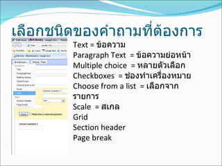 เลือกชนิดของคำถามที่ต้องการ Text =  ข้อความ Paragraph Text  =  ข้อความย่อหน้า Multiple choice  =  หลายตัวเลือก Checkboxes  =  ช่องทำเครื่องหมาย Choose from a list  =  เลือกจากรายการ Scale  =  สเกล Grid  Section header Page break 