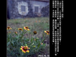 余秋雨寫過這一段話： 一過中年，人在活著很大程度上是為朋友們活著了， 各種宏大的目標也許會一一消退，而友情的目標則越來越強硬。 報答朋友，安慰朋友，讓他們高興，使他們不後悔與自己朋友一場。所謂成功，不是別的，是朋友們首肯的眼神和笑聲。   