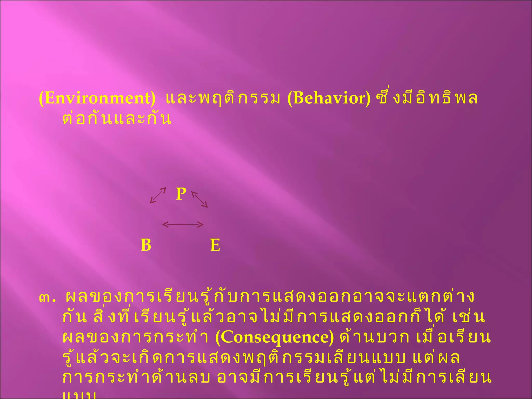 ( Environment )  และพฤติกรรม  ( Behavior )  ซึ่งมีอิทธิพลต่อกันและกัน P    B  E   ๓ .  ผลของการเรียนรู้กับการแสดงออกอาจจะแตกต่างกัน สิ่งที่เรียนรู้แล้วอาจไม่มีการแสดงออกก็ได้ เช่น  ผลของการกระทำ  ( Consequence )  ด้านบวก เมื่อเรียนรู้แล้วจะเกิดการแสดงพฤติกรรมเลียนแบบ แต่ผลการกระทำด้านลบ อาจมีการเรียนรู้แต่ไม่มีการเลียนแบบ 
