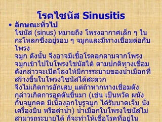 โรคไซนัส  Sinusitis ลักษณะทั่วไป ไซนัส   (sinus)  หมายถึง โพรงอากาศเล็ก ๆ ในกะโหลกซึ่งอยู่รอบ ๆ จมูกและมีทางเชื่อมต่อกับโพรง จมูก ดังนั้น จึงอาจมีเชื้อโรคลุกลามจากโพรงจมูกเข้าไปในโพรงไชนัสได้ ตามปกติทางเชื่อมดังกล่าวจะเปิดโล่งให้มีการระบายของน้ำเมือกที่สร้างขึ้นในโพรงไซนัสได้สะดวก จึงไม่เกิดการอักเสบ แต่ถ้าหากทางเชื่อมดังกล่าวเกิดการอุดตันขึ้นมา  ( เช่น เป็นหวัด ผนังกั้นจมูกคด มีเนื้องอกในรูจมูก ได้รับบาดเจ็บ นั่งเครื่องบิน หรือดำน้ำ )  น้ำเมือกในโพรงไซนัสไม่สามารถระบายได้ ก็จะทำให้เชื้อโรคที่อยู่ในโพรงไซนัส สามารถเจริญงอกงามทำให้เกิดการอักเสบ และเป็นหนองขังภาย ในโพรงไซนัสได้ 