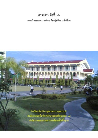 ภาระงานข้ อที่ ๑๖
การบริหารระบบงานต่ างๆ ในกลุ่มกิจการนักเรียน




   โรงเรียนบ้ านบึง “อุตสาหกรรมนุเคราะห์ ”
สานักงานเขตพืนที่การศึกษามัธยมศึกษา เขต ๑๘
               ้
  สานักงานคณะกรรมการการศึกษาขั้นพืนฐาน
                                     ้
 