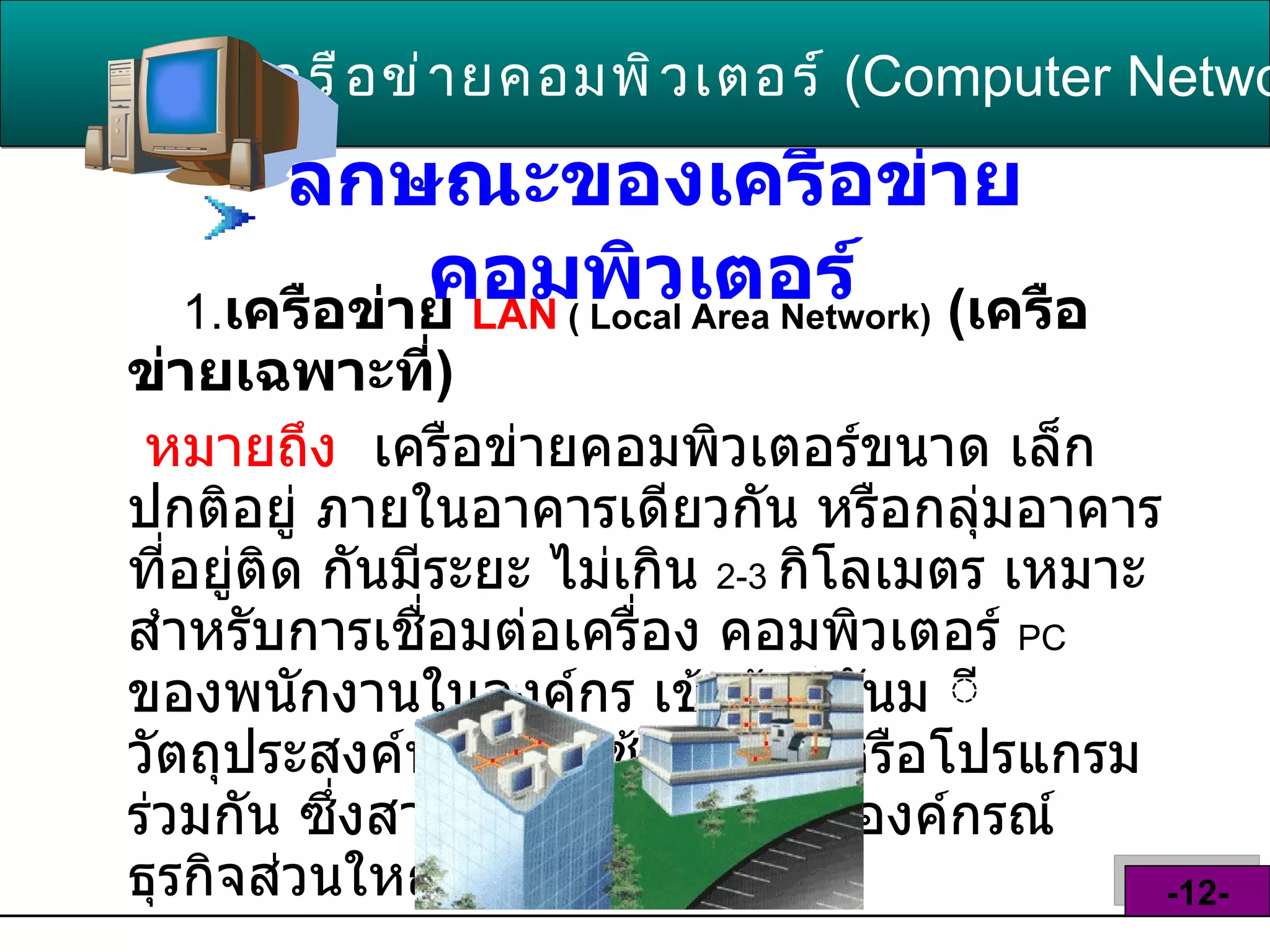 ลักษณะของเครือข่ายคอมพิวเตอร์   1. เครือข่าย  LAN  ( Local Area Network)   ( เครือข่ายเฉพาะที่ ) หมายถึง   เครือข่ายคอมพิวเตอร์ขนาด เล็ก ปกติอยู่ ภายในอาคารเดียวกัน หรือกลุ่มอาคารที่อยู่ติด กันมีระยะ ไม่เกิน  2-3   กิโลเมตร เหมาะสำหรับการเชื่อมต่อเครื่อง คอมพิวเตอร์  PC   ของพนักงานในองค์กร เข้าด้วยกันม ีวัตถุประสงค์หลักคือใช้อุปกรณ์ หรือโปรแกรมร่วมกัน ซึ่งสามารถพบเห็นได้ ในองค์กรณ์ธุรกิจส่วนใหญ่   เครือข่ายคอมพิวเตอร์   ( Computer Network )  -12- 