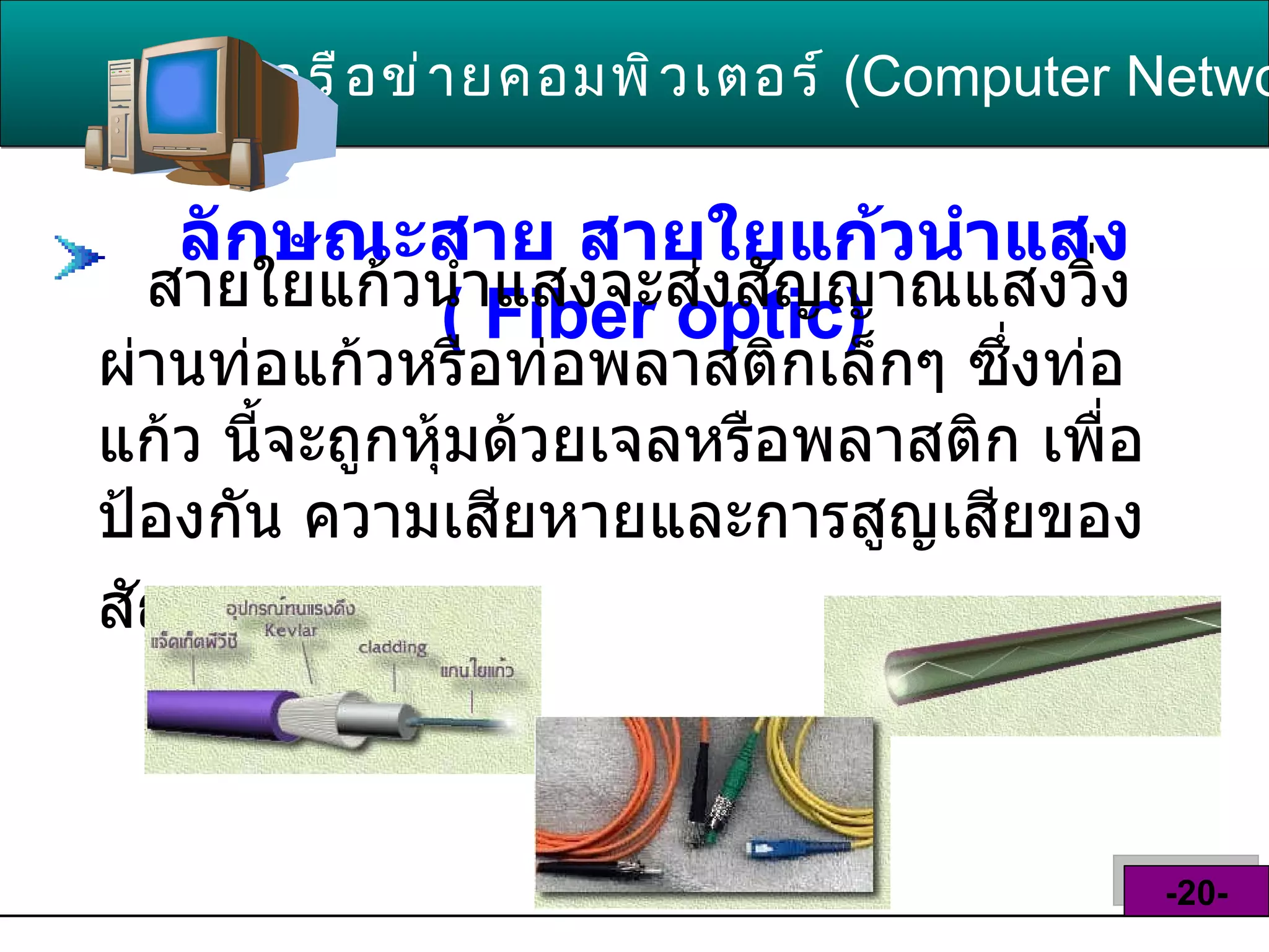 ลักษณะสาย สายใยแก้วนำแสง  (  Fiber optic ) เครือข่ายคอมพิวเตอร์   ( Computer Network )  -20- สายใยแก้วนำแสงจะส่งสัญญาณแสงวิ่ง ผ่านท่อแก้วหรือท่อพลาสติกเล็กๆ ซึ่งท่อแก้ว นี้จะถูกหุ้มด้วยเจลหรือพลาสติก เพื่อป้องกัน ความเสียหายและการสูญเสียของสัญญาณ   