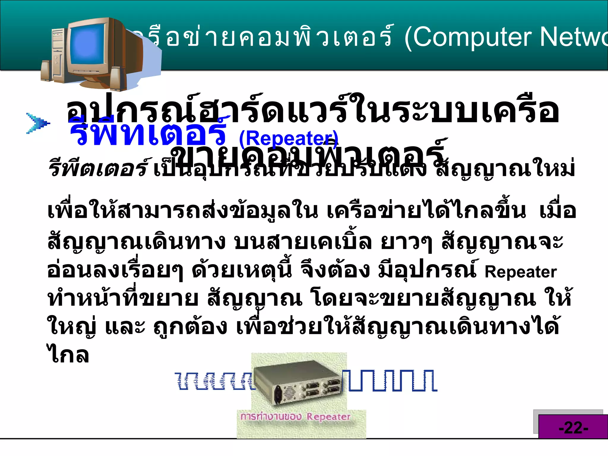 อุปกรณ์ฮาร์ดแวร์ในระบบเครือข่ายคอมพิวเตอร์   เครือข่ายคอมพิวเตอร์   ( Computer Network )  -22- รีพีทเตอร์  ( Repeater ) รีพีตเตอร์  เป็นอุปกรณ์ที่ช่วยปรับแต่ง สัญญาณใหม่ เพื่อให้สามารถส่งข้อมูลใน เครือข่ายได้ไกลขึ้น   เมื่อสัญญาณเดินทาง บนสายเคเบิ้ล ยาวๆ สัญญาณจะอ่อนลงเรื่อยๆ ด้วยเหตุนี้ จึงต้อง มีอุปกรณ์  Repeater   ทำหน้าที่ขยาย สัญญาณ โดยจะขยายสัญญาณ ให้ใหญ่ และ ถูกต้อง เพื่อช่วยให้สัญญาณเดินทางได้ไกล   