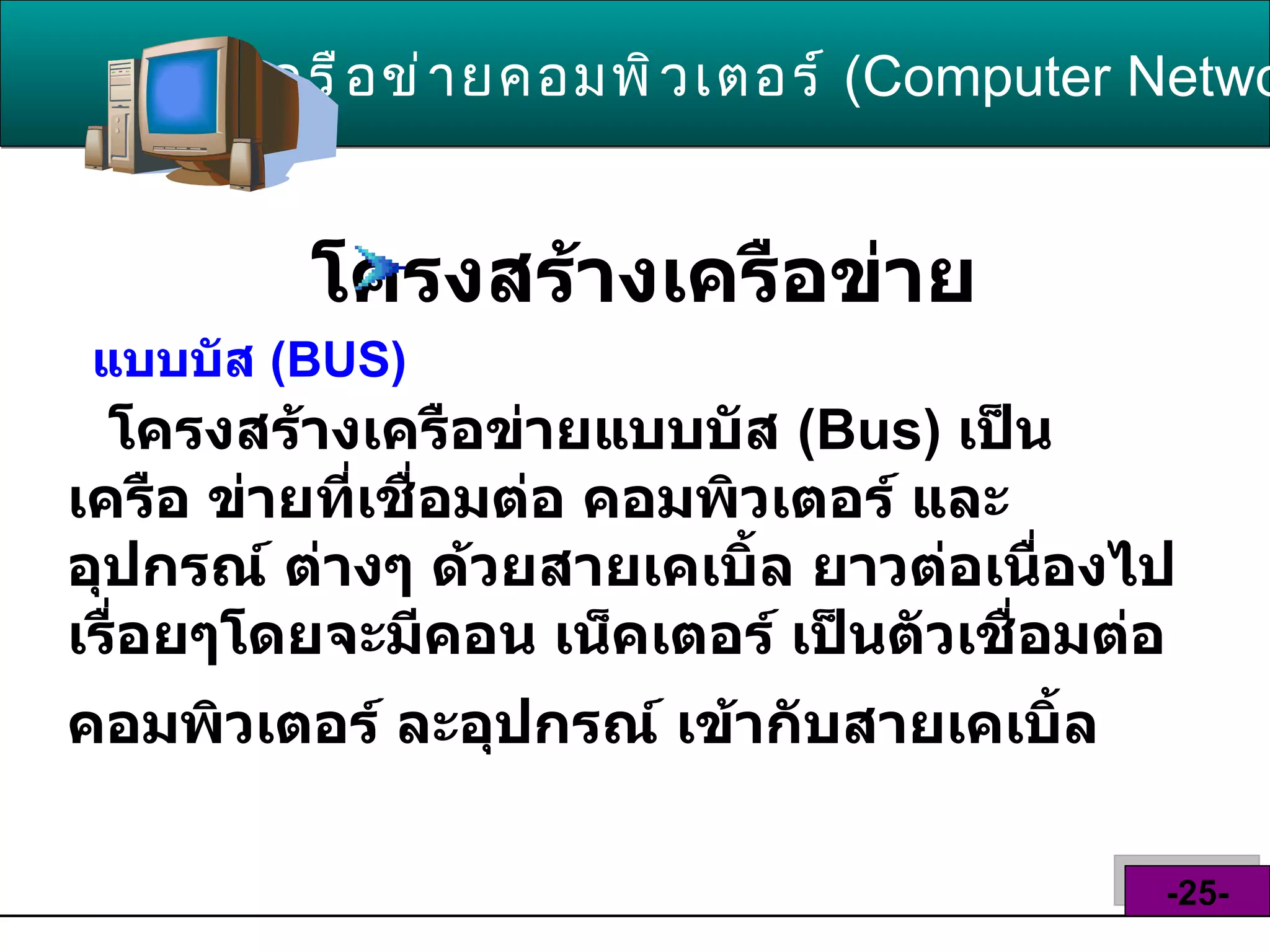 โครงสร้างเครือข่าย เครือข่ายคอมพิวเตอร์   ( Computer Network )  -25- แบบบัส  ( BUS )     โครงสร้างเครือข่ายแบบบัส  ( Bus )  เป็น เครือ ข่ายที่เชื่อมต่อ คอมพิวเตอร์ และอุปกรณ์ ต่างๆ ด้วยสายเคเบิ้ล ยาวต่อเนื่องไป เรื่อยๆโดยจะมีคอน เน็คเตอร์ เป็นตัวเชื่อมต่อคอมพิวเตอร์ ละอุปกรณ์ เข้ากับสายเคเบิ้ล   