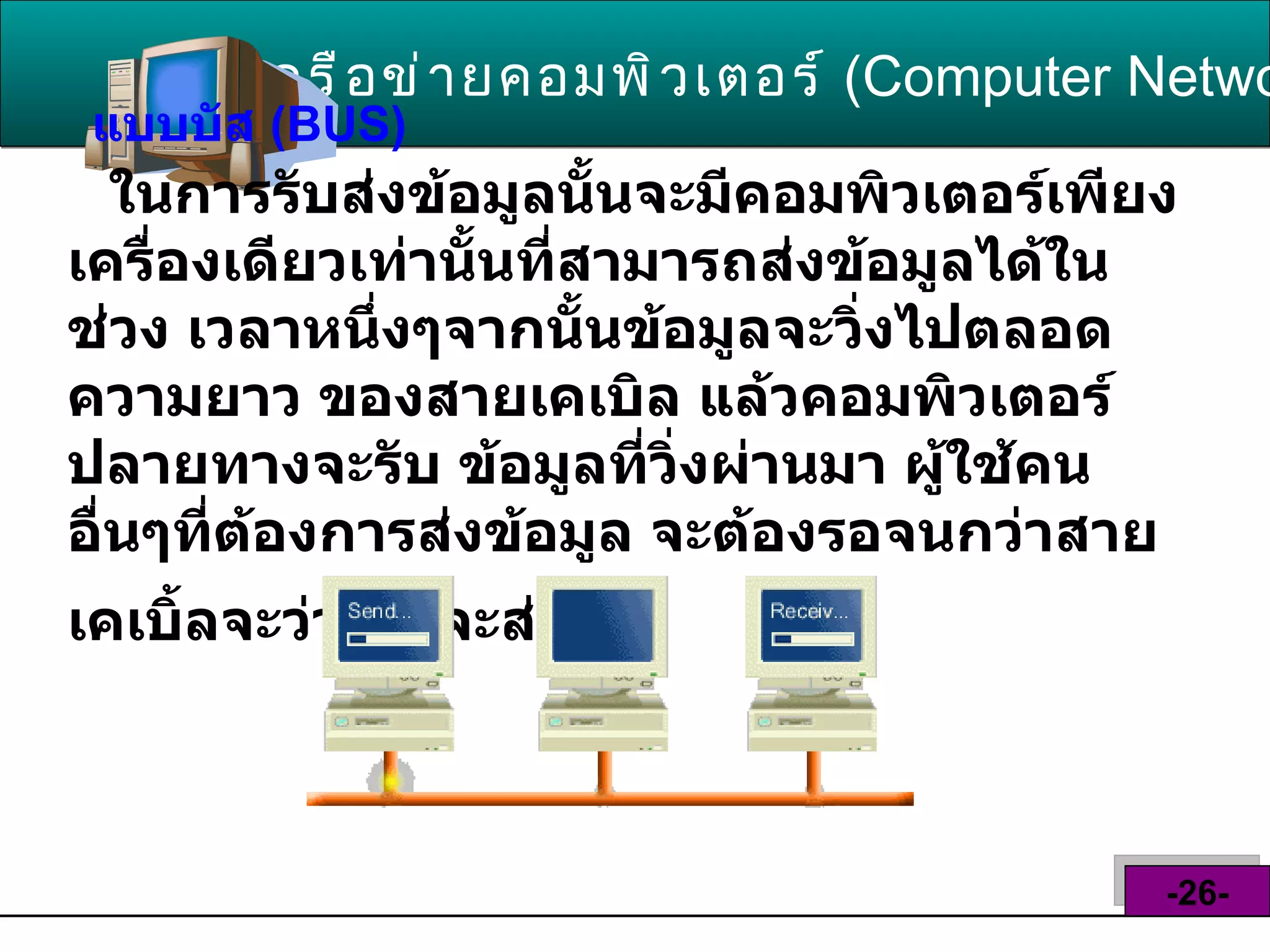 เครือข่ายคอมพิวเตอร์   ( Computer Network )  -26- แบบบัส  ( BUS )     ในการรับส่งข้อมูลนั้นจะมีคอมพิวเตอร์เพียง เครื่องเดียวเท่านั้นที่สามารถส่งข้อมูลได้ในช่วง เวลาหนึ่งๆจากนั้นข้อมูลจะวิ่งไปตลอดความยาว ของสายเคเบิล แล้วคอมพิวเตอร์ปลายทางจะรับ ข้อมูลที่วิ่งผ่านมา ผู้ใช้คนอื่นๆที่ต้องการส่งข้อมูล จะต้องรอจนกว่าสายเคเบิ้ลจะว่างจึงจะส่งได้   