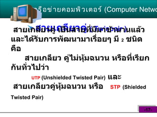 สายเกลียวคู่  (  Twispair  ) เครือข่ายคอมพิวเตอร์   ( Computer Network )  -17- สายเกลียวคู่ เป็นสายที่มีมาช้านานแล้ว และได้รับการพัฒนามาเรื่อยๆ มี  2   ชนิดคือ    สายเกลียว คู่ไม่หุ้มฉนวน หรือที่เรียกกันทั่วไปว่า   UTP   ( Unshielded Twisted Pair )   และ  สายเกลียวคู่หุ้มฉนวน หรือ  STP   ( Shielded Twisted Pair )   