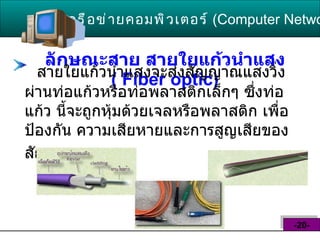 ลักษณะสาย สายใยแก้วนำแสง  (  Fiber optic ) เครือข่ายคอมพิวเตอร์   ( Computer Network )  -20- สายใยแก้วนำแสงจะส่งสัญญาณแสงวิ่ง ผ่านท่อแก้วหรือท่อพลาสติกเล็กๆ ซึ่งท่อแก้ว นี้จะถูกหุ้มด้วยเจลหรือพลาสติก เพื่อป้องกัน ความเสียหายและการสูญเสียของสัญญาณ   