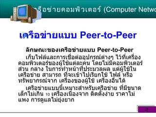 เครือข่ายแบบ  Peer - to - Peer   ลักษณะของเครือข่ายแบบ   Peer - to - Peer   เก็บไฟล์และการเชื่อต่ออุปกรณ์ต่างๆ ไว้ที่เครื่อง คอมพิวเตอร์ของผู้ใช้แต่ละคน โดยไม่มีคอมพิวเตอร์ ส่วน กลาง ในการทำหน้าที่ประมวลผล แต่ผู้ใช้ใน เครือข่าย สามารถ ที่จะเข้าไปเรียกใช้ ไฟล์ หรือ ทรัพยากรณ์จาก เครื่องของผู้ใช้ เครื่องอื่นได้   เครือข่ายแบบนี้เหมาะสำหรับเครือข่าย ที่มีขนาด เล็กไม่เกิน  10   เครื่องเนื่องจาก ติดตั้งง่าย ราคาไม่แพง การดูแลไม่ยุ่งยาก เครือข่ายคอมพิวเตอร์   ( Computer Network )  -7- 