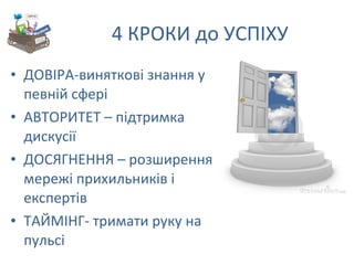4 КРОКИ до УСПІХУ ДОВІРА-виняткові знання у певній сфері АВТОРИТЕТ – підтримка дискусії ДОСЯГНЕННЯ – розширення мережі прихильників і експертів ТАЙМІНГ- тримати руку на пульсі 