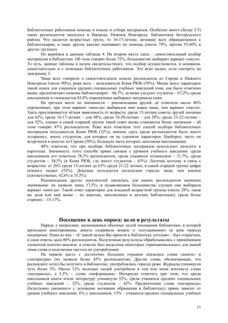 библиотечных работников помощь в поиске и отборе материалов. Особенно много (более 2/3)
таких респондентов оказалось в Ижевске, Нижнем Новгороде, библиотеках Богородского
района. Что касается возрастных групп, то 16-17-летние, активнее всех обращающиеся к
библиотекарям, и чаще других высоко оценивают их помощь (около 78%, против 55-60% в
других группах).
       Но вернёмся к данным таблицы 4. На втором месте здесь – самостоятельный подбор
материалов в библиотеке. Об этом говорят более 72%, большинство выбирает вариант «часто».
То есть, данные таблицы в целом свидетельствуют, что подбор осуществляется, в основном,
самостоятельно и с помощью библиотечных работников. Это ясно видно, если смотреть на
диаграмму 3.
       Чаще всех говорили о самостоятельном поиске респонденты из Сарова и Нижнего
Новгорода (около 90%); реже всех – пользователи Коми РЮБ (59%). Менее всего характерен
такой поиск для учащихся средних специальных учебных заведений (они, как было отмечено
выше, предпочитают помощь библиотекаря) – 46,7%; за ними следуют студенты – 67,2%, среди
школьников и гимназистов 83,8% опрошенных выбирают материалы сами.
       На третьем месте по значимости – рекомендация друзей, её отметили около 46%
опрошенных, при этом вариант «иногда» выбирался ими вдвое чаще, чем вариант «часто».
Здесь прослеживается чёткая зависимость от возраста: среди 15-летних советы друзей значимы
для 62%, среди 16-17-летних – для 48%, среди 18-20-летних – для 38%, среди 21-22-летних –
для 32%; однако в самой старшей группе такой совет вновь становится более значимым – об
этом говорят 47% респондентов. Реже всех отмечали этот способ подбора библиотечных
материалов пользователи Коми РЮБ (32%); именно здесь среди респондентов было много
«старших», много студентов, для которых он не слишком характерен. Наоборот, часто он
встречался в анкетах из Сарова (58%), большую часть которых заполнена школьниками.
       40% ответили, что при подборе библиотечных материалов используют каталоги и
картотеки. Значимость этого способа прямо связана с уровнем учебного заведения: среди
школьников его отметили 28,3% респондентов, среди учащихся техникумов – 31,7%, среди
студентов – 54,5% (в Коми РЮБ, где много студентов – 63%). Логична поэтому и связь с
возрастом: от 26% среди 15-летних до 63% среди 21-22 летних; в самой старшей группе цифра
немного падает (52%). Девушки пользуются каталогами гораздо чаще, чем юноши
(соответственно, 42,6% и 35,5%).
       Рекомендации других посетителей оказались для наших респондентов наименее
значимыми: их назвали лишь 17,5%; в подавляющем большинстве случаев они выбирали
вариант «иногда». Такой ответ характерен для младшей возрастной группы (около 28%, такая
же доля или ещё выше – по анкетам, заполненных в детских библиотеках); среди более
старших – 15-17%.



                Посещение в день опроса: цели и результаты
       Наряду с вопросами, касающимися обычных целей посещения библиотеки, в которой
проходило анкетирование, анкета содержала вопрос о «сегодняшнем» (в день опроса)
посещении. Один из них – «С какой целью Вы пришли в библиотеку сегодня» – был открытым,
и свои ответы дали 86% респондентов. Полученные результаты обрабатывались с примёнением
элементов контент-анализа: в ответах был выделены некоторые «принципиальные» для нашей
темы слова и подсчитана частота их употребления.
       На первом месте с достаточно большим отрывом оказались слова «книги» и
«литература» (их назвали более 45% респондентов). Другие слова, обозначающие, что
респондент хотел бы получить в библиотеке, употреблялись гораздо реже. Журналы упомянули
чуть более 3%. Около 12% молодых людей употребили в том или ином контексте слово
«материалы», а 5,5% – слово «информация». Интересно отметить при этом, что среди
школьников книги и/или литературу упомянули 52%, среди учащихся средних специальных
учебных заведений – 32%, среди студентов – 42%. Предпочтение слова «материалы»
(безусловно связанного с деловыми мотивами обращения в библиотеку) прямо зависит от
уровня учебного заведения: 6% у школьников, 13% – учащихся средних специальных учебных


                                                                                       11
 