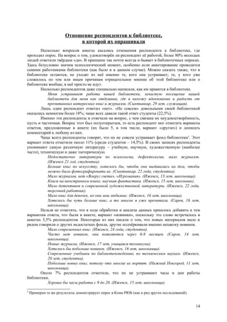 Отношение респондентов к библиотеке,
                             в которой их опрашивали
        Несколько вопросов анкеты касались отношения респондента к библиотеке, где
проходил опрос. На вопрос о том, удовлетворён ли респондент её работой, более 80% молодых
людей ответили твёрдым «да». В принципе так почти всегда и бывает в библиотечных опросах.
Здесь безусловно значим психологический момент, особенно если анкетирование проводится
самими работниками библиотеки (как было и в данном случае). Можно сказать также, что в
библиотеке остаются, не уходят из неё именно те, кого она устраивает; те, у кого уже
сложилось по тем или иным причинам отрицательное мнение об этой библиотеке или о
библиотеке вообще, в неё просто не идут.
        Несколько респондентов даже специально написали, как им нравится в библиотеке.
            Меня устраивает работа вашей библиотеки, зачастую посещение вашей
            библиотеки для меня как отдушина, где я нахожу вдохновение и радость от
            прочитанных интересных книг и журналов. (Сыктывкар, 29 лет, служащая).
        Лишь один респондент ответил «нет». «Не совсем» довольными своей библиотекой
оказались немногим более 18%; чаще всех давали такой ответ студенты (22,5%).
        Именно эти респонденты и отвечали на вопрос, с чем связана их неудовлетворённость,
пусть и частичная. Вопрос этот был полуоткрытым, то есть респондент мог отметить варианты
ответов, предложенные в анкете (их было 5, в том числе, вариант «другое») и дописать
комментарий к любому из них.
        Чаще всего респонденты говорят, что их не совсем устраивает фонд библиотеки5. Этот
вариант ответа отметили около 11% (среди студентов – 14,5%). В своих записях респонденты
упоминают самую различную литературу – учебную, научную, художественную (наиболее
часто), техническую и даже эзотерическую.
            Недостаточно литературы по психологии, дефектологии, мало журналов.
            (Ижевск 21 год, студентка).
            Больше книг по искусству, хотелось бы, чтобы они выдавались на дом, чтобы
            можно было фотографировать их. (Сыктывкар, 22 года, студентка).
            Мало журналов, нет «Вокруг света», «Игромания». (Ижевск, 13 лет, школьница).
            Книги на иностранном языке, научная фантастика. (Ижевск, 15 лет, школьник).
            Мало детективов и современной художественной литературы. (Ижевск, 22 года,
            торговый работник).
            Мало книг для девочек, но они мои любимые. (Ижевск, 16 лет, школьница).
            Хотелось бы чуть больше книг, а то многое я уже прочитала. (Саров, 16 лет,
            школьница).
        Нельзя не отметить, что в ходе обработки и анализа данных пришлось добавить к тем
вариантам ответа, что были в анкете, вариант «новинки», поскольку это слово встречалось в
анкетах 5,5% респондентов. Некоторые из них писали о том, что новых материалов мало и
рядом говорили о других недостатках фонда, другие подчёркивали именно нехватку новинок.
            Мало современных книг. (Ижевск, 24 года, студентка).
            Часто нет новинок, они появляются через 6-8 месяцев. (Саров, 14 лет,
            школьница).
            Новые журналы. (Ижевск, 17 лет, учащаяся техникума).
            Хотелось бы побольше новинок. (Ижевск, 16 лет, школьница).
            Современные учебники по библиотековедению, по техническим наукам. (Ижевск,
            20 лет, студентка).
            Побольше новых книг, потому что многие их портят. (Нижний Новгород, 11 лет,
            школьница).
        Около 7% респондентов отметили, что их не устраивают часы и дни работы
библиотеки.
            Хорошо бы часы работы с 9 до 20. (Ижевск, 15 лет, школьница).

5
    Примерно те же результаты демонстрирует опрос в Коми РЮБ (как и ряд других исследований).


                                                                                                14
 