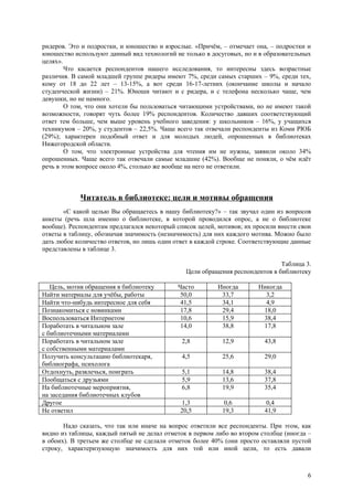 ридеров. Это и подростки, и юношество и взрослые. «Причём, – отмечает она, – подростки и
юношество используют данный вид технологий не только в досуговых, но и в образовательных
целях».
        Что касается респондентов нашего исследования, то интересны здесь возрастные
различия. В самой младшей группе ридеры имеют 7%, среди самых старших – 9%, среди тех,
кому от 18 до 22 лет – 13-15%, а вот среди 16-17-летних (окончание школы и начало
студенческой жизни) – 21%. Юноши читают и с ридера, и с телефона несколько чаще, чем
девушки, но не намного.
        О том, что они хотели бы пользоваться читающими устройствами, но не имеют такой
возможности, говорят чуть более 19% респондентов. Количество давших соответствующий
ответ тем больше, чем выше уровень учебного заведения: у школьников – 16%, у учащихся
техникумов – 20%, у студентов – 22,5%. Чаще всего так отвечали респонденты из Коми РЮБ
(29%); характерен подобный ответ и для молодых людей, опрошенных в библиотеках
Нижегородской области.
        О том, что электронные устройства для чтения им не нужны, заявили около 34%
опрошенных. Чаще всего так отвечали самые младшие (42%). Вообще не поняли, о чём идёт
речь в этом вопросе около 4%, столько же вообще на него не ответили.



            Читатель в библиотеке: цели и мотивы обращения
       «С какой целью Вы обращаетесь в нашу библиотеку?» – так звучал один из вопросов
анкеты (речь шла именно о библиотеке, в которой проводился опрос, а не о библиотеке
вообще). Респондентам предлагался некоторый список целей, мотивов; их просили внести свои
ответы в таблицу, обозначая значимость (незначимость) для них каждого мотива. Можно было
дать любое количество ответов, но лишь один ответ в каждой строке. Соответствующие данные
представлены в таблице 3.

                                                                              Таблица 3.
                                               Цели обращения респондентов в библиотеку

   Цель, мотив обращения в библиотеку       Часто         Иногда       Никогда
Найти материалы для учёбы, работы            50,0          33,7          3,2
Найти что-нибудь интересное для себя         41,5          34,1          4,9
Познакомиться с новинками                    17,8          29,4         18,0
Воспользоваться Интернетом                   10,6          15,9         38,4
Поработать в читальном зале                  14,0          38,8         17,8
с библиотечными материалами
Поработать в читальном зале                   2,8          12,9          43,8
с собственными материалами
Получить консультацию библиотекаря,           4,5          25,6          29,0
библиографа, психолога
Отдохнуть, развлечься, поиграть               5,1          14,8          38,4
Пообщаться с друзьями                         5,9          13,6          37,8
На библиотечные мероприятия,                  6,8          19,9          35,4
на заседания библиотечных клубов
Другое                                       1,3           0,6            0,4
Не ответил                                   20,5          19,3          41,9

       Надо сказать, что так или иначе на вопрос ответили все респонденты. При этом, как
видно из таблицы, каждый пятый не делал отметок в первом либо во втором столбце (иногда –
в обоих). В третьем же столбце не сделали отметок более 40% (они просто оставляли пустой
строку, характеризующую значимость для них той или иной цели, то есть давали



                                                                                       6
 