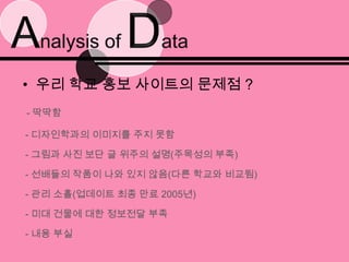 Analysis of Data우리 학교 홍보 사이트의 문제점 ?- 딱딱함 - 디자인학과의 이미지를 주지 못함 - 그림과 사진 보단 글 위주의 설명(주목성의 부족) - 선배들의 작품이 나와 있지 않음(다른 학교와 비교됨) - 관리 소홀(업데이트 최종 만료 2005년) - 미대 건물에 대한 정보전달 부족 - 내용 부실