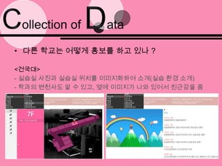 Collection of Data우리 학교는 어떻게 홍보를 하고 있나?주목을 끌지 못하는 글 위주의 설명 방식사진을 두고 이해 관점이 갈림
