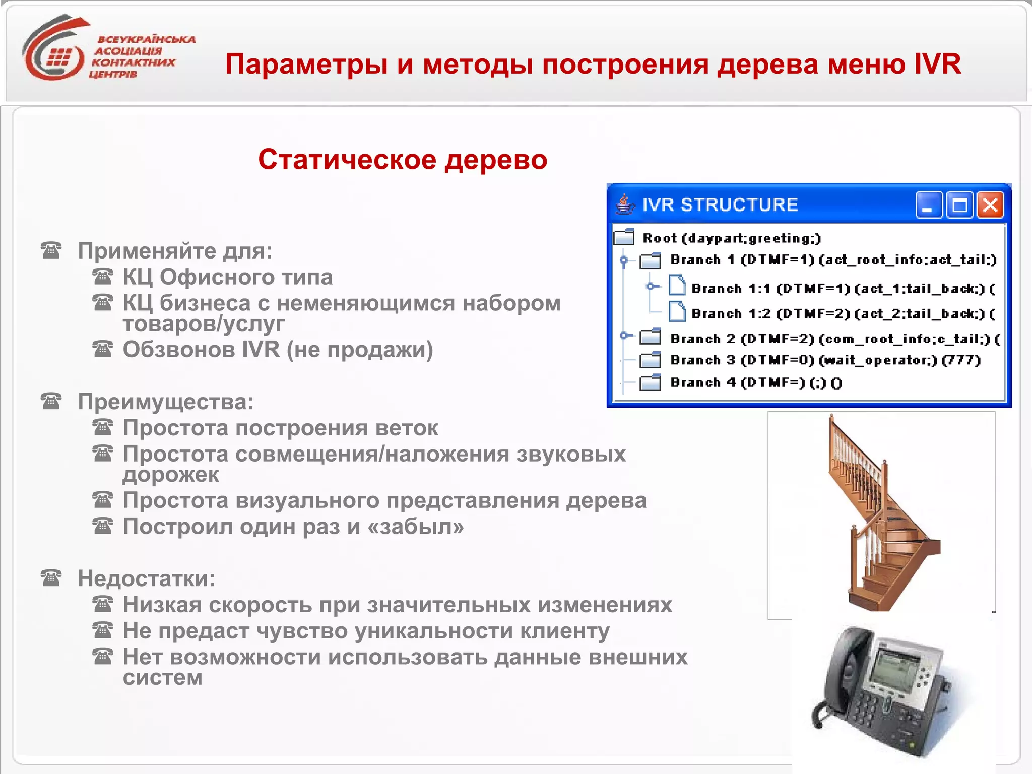 Применяйте для: КЦ Офисного типа КЦ бизнеса с неменяющимся набором товаров/услуг Обзвонов  IVR ( не продажи ) Преимущества: Простота построения веток Простота совмещения / наложения  звуков ых дорожек Простота визуального представления дерева Построил один раз и «забыл» Недостатки: Низкая скорость при значительных изменениях Не предаст чувство уникальности клиенту Нет возможности использовать данные внешних систем Параметры и методы построения дерева меню IVR   Статическое дерево 