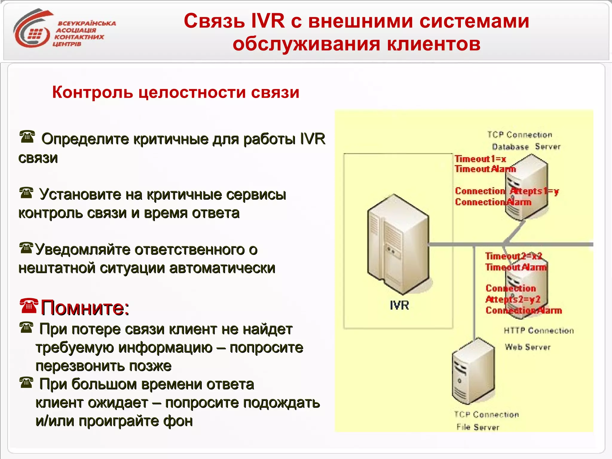 Связь IVR с внешними системами обслуживания клиентов Контроль целостности связи Определите критичные для работы  IVR  связи Установите на критичные сервисы контроль связи и время ответа Уведомляйте ответственного о нештатной ситуации автоматически Помните:  При потере связи клиент не найдет  требуемую информацию – попросите  перезвонить позже При большом времени ответа  клиент ожидает – попросите подождать  и/или проиграйте фон 