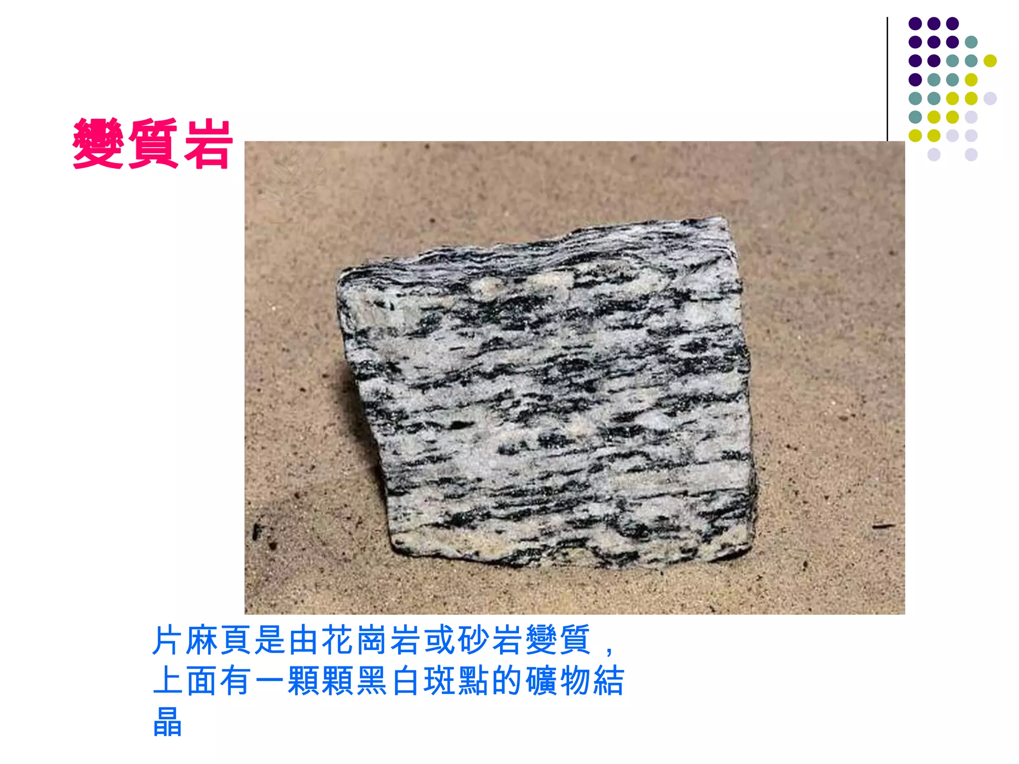 變質岩片麻頁是由花崗岩或砂岩變質，上面有一顆顆黑白斑點的礦物結晶