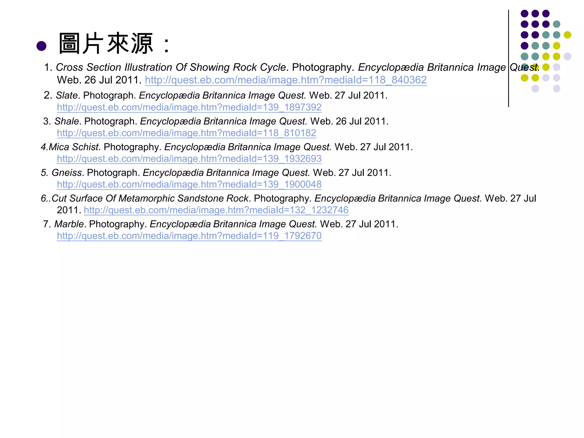 圖片來源：   1. Cross Section Illustration Of Showing Rock Cycle. Photography. Encyclopædia Britannica Image Quest. Web. 26 Jul 2011. http://quest.eb.com/media/image.htm?mediaId=118_840362   2. Slate. Photograph. Encyclopædia Britannica Image Quest. Web. 27 Jul 2011. http://quest.eb.com/media/image.htm?mediaId=139_1897392   3. Shale. Photograph. Encyclopædia Britannica Image Quest. Web. 26 Jul 2011. http://quest.eb.com/media/image.htm?mediaId=118_810182   4.Mica Schist. Photography. Encyclopædia Britannica Image Quest. Web. 27 Jul 2011. http://quest.eb.com/media/image.htm?mediaId=139_1932693   5. Gneiss. Photograph. Encyclopædia Britannica Image Quest. Web. 27 Jul 2011. http://quest.eb.com/media/image.htm?mediaId=139_1900048   6..Cut Surface Of Metamorphic Sandstone Rock. Photography. Encyclopædia Britannica Image Quest. Web. 27 Jul 2011. http://quest.eb.com/media/image.htm?mediaId=132_1232746    7. Marble. Photography. Encyclopædia Britannica Image Quest. Web. 27 Jul 2011. http://quest.eb.com/media/image.htm?mediaId=119_1792670 