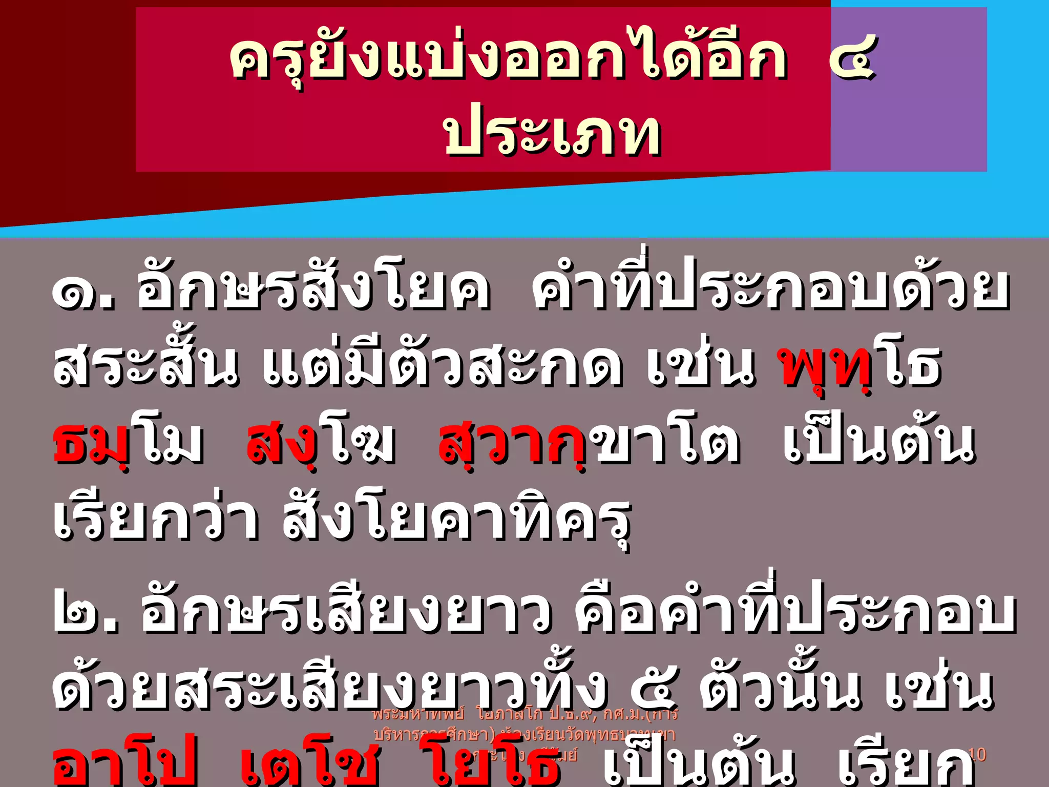 ครุยังแบ่งออกได้อีก  ๔  ประเภท  ๑ .  อักษรสังโยค  คำที่ประกอบด้วยสระสั้น แต่มีตัวสะกด เช่น  พุทฺ โธ  ธมฺ โม  สงฺ โฆ  สฺวากฺ ขาโต  เป็นต้น เรียกว่า สังโยคาทิครุ ๒ .  อักษรเสียงยาว คือคำที่ประกอบด้วยสระเสียงยาวทั้ง ๕ ตัวนั้น เช่น  อาโป  เตโช  โยโธ   เป็นต้น  เรียกว่า ทีฆาทิครุ พระมหาทิพย์  โอภาสโก ป . ธ . ๙ ,  กศ . ม .( การบริหารการศึกษา )  ห้องเรียนวัดพุทธบาทเขากระโคง บุรีรัมย์ 
