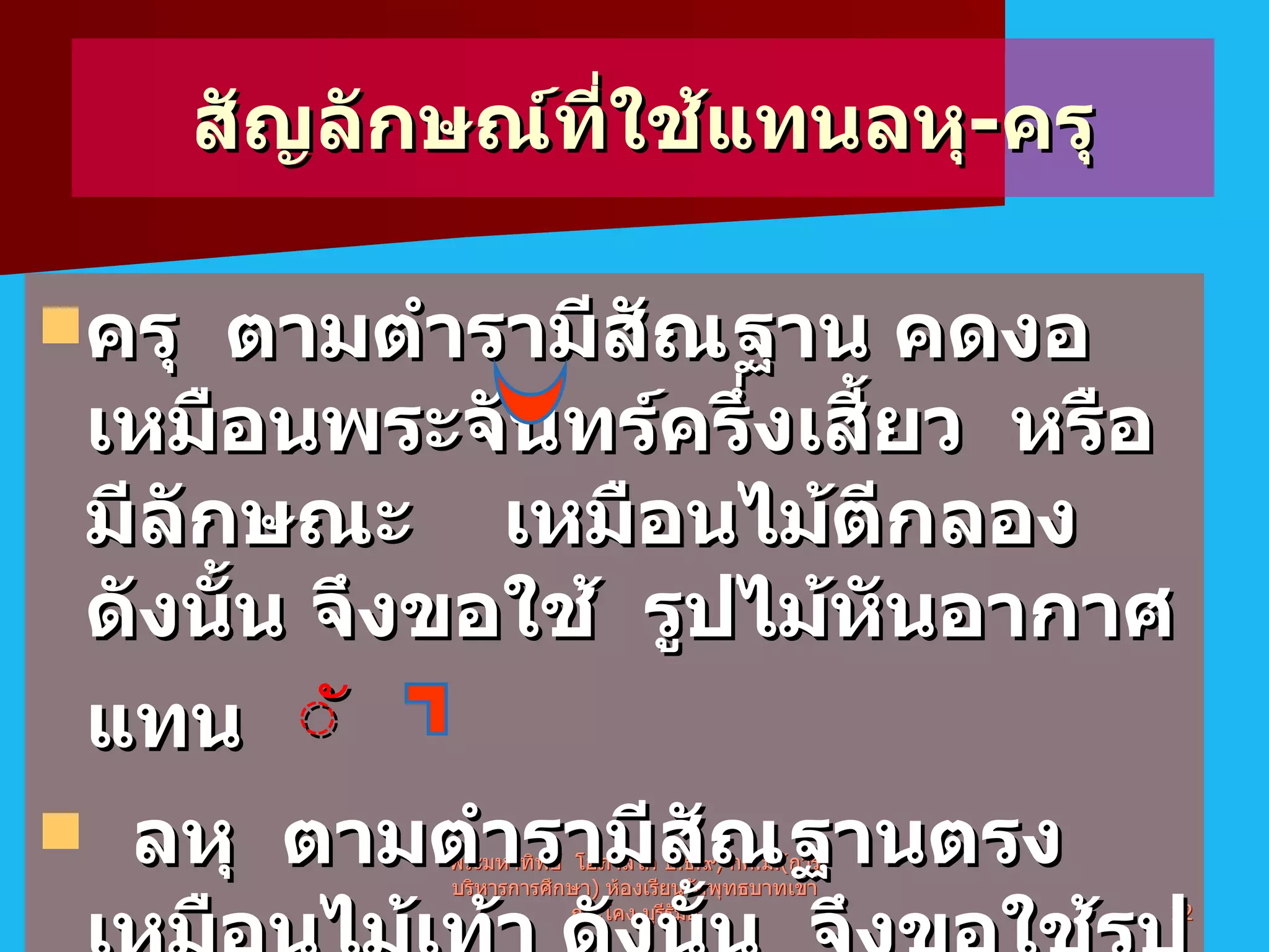สัญลักษณ์ที่ใช้แทนลหุ - ครุ ครุ  ตามตำรามีสัณฐาน คดงอ  เหมือนพระจันทร์ครึ่งเสี้ยว  หรือมีลักษณะ  เหมือนไม้ตีกลอง  ดังนั้น จึงขอใช้  รูปไม้หันอากาศแทน  ั ลหุ  ตามตำรามีสัณฐานตรงเหมือนไม้เท้า ดังนั้น  จึงขอใช้รูปสระอุ  แทน  พระมหาทิพย์  โอภาสโก ป . ธ . ๙ ,  กศ . ม .( การบริหารการศึกษา )  ห้องเรียนวัดพุทธบาทเขากระโคง บุรีรัมย์ 