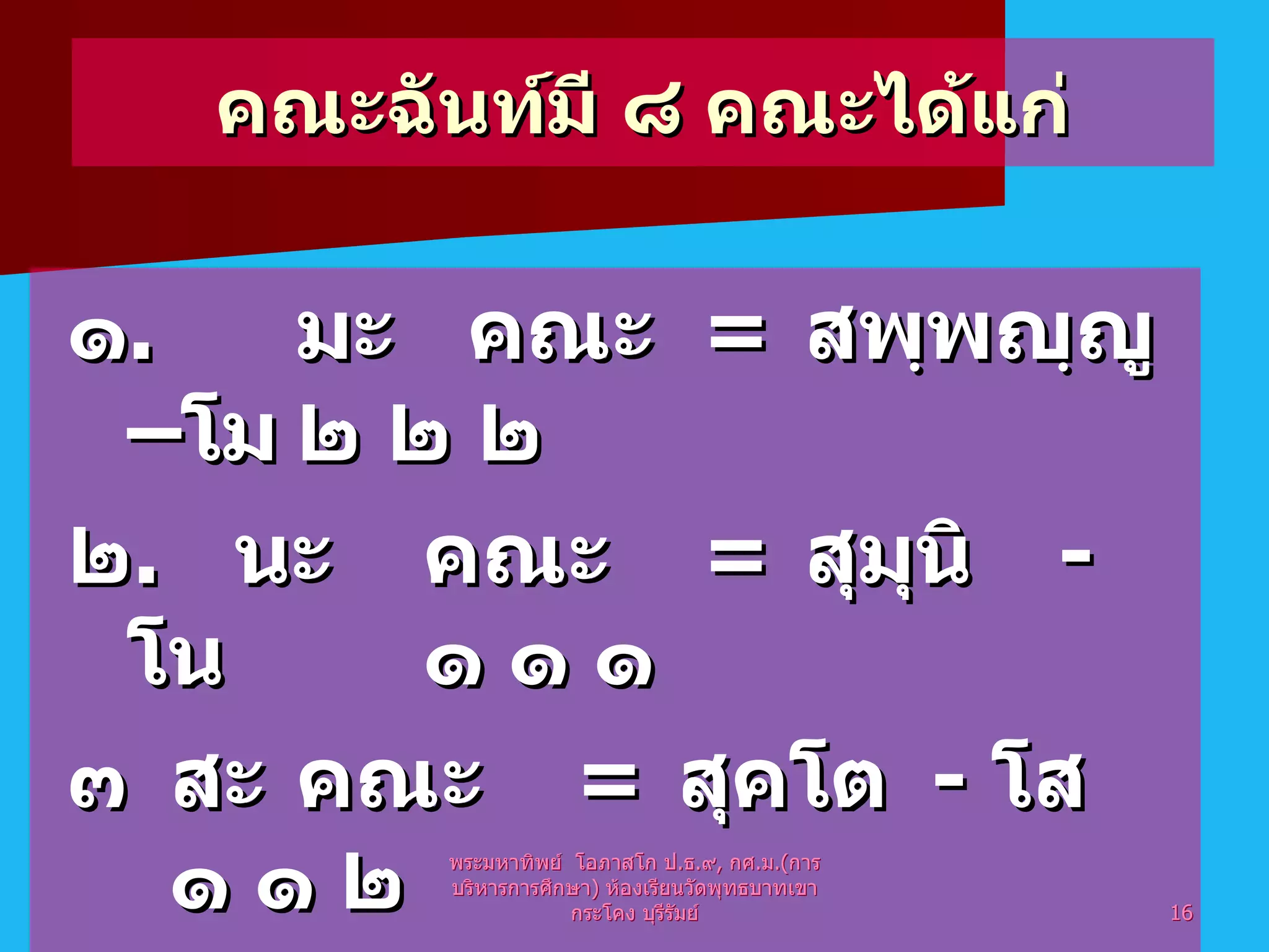 คณะฉันท์มี ๘ คณะได้แก่ ๑ .  มะ  คณะ   =  สพฺพญฺญู –โม ๒ ๒ ๒ ๒ .  นะ คณะ   =  สุมุนิ -  โน ๑ ๑ ๑ ๓  สะ คณะ   =  สุคโต -  โส ๑ ๑ ๒ ๔ .  ชะ คณะ   =  มุนินฺท -  โช ๑ ๒ ๑ พระมหาทิพย์  โอภาสโก ป . ธ . ๙ ,  กศ . ม .( การบริหารการศึกษา )  ห้องเรียนวัดพุทธบาทเขากระโคง บุรีรัมย์ 