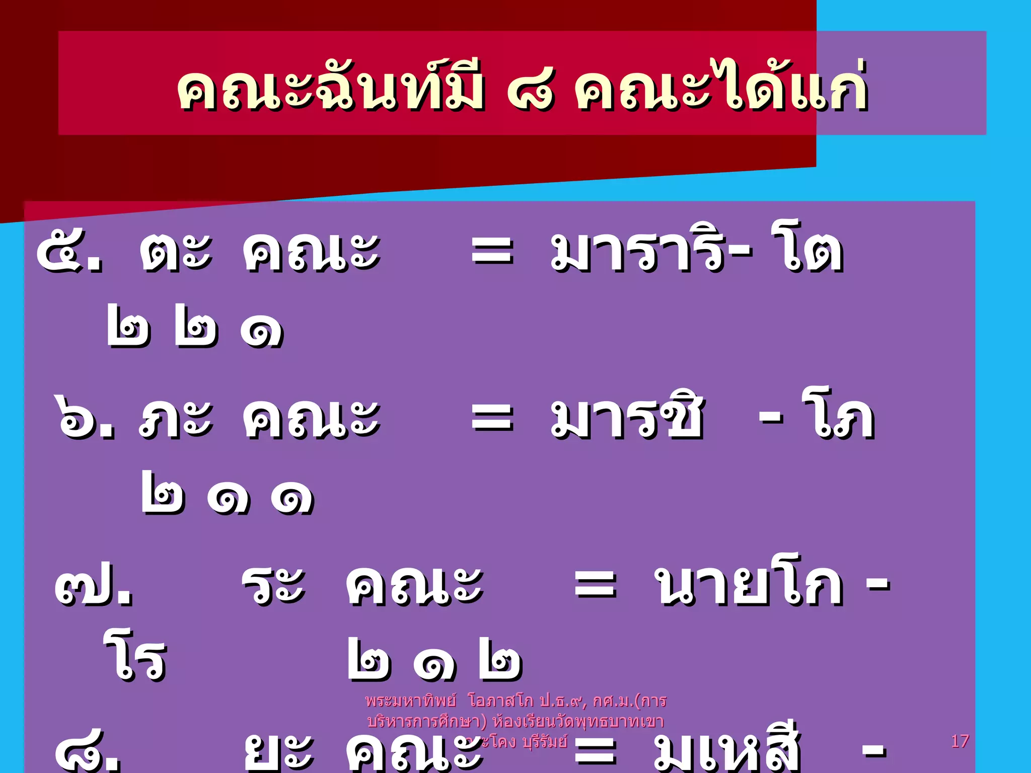 คณะฉันท์มี ๘ คณะได้แก่ ๕ .  ตะ คณะ   =  มาราริ -  โต ๒ ๒ ๑ ๖ .  ภะ คณะ   =  มารชิ -  โภ ๒ ๑ ๑ ๗ .  ระ คณะ   =  นายโก  -  โร ๒ ๑ ๒ ๘ .  ยะ คณะ   =  มเหสี -  โย ๑ ๒ ๒ พระมหาทิพย์  โอภาสโก ป . ธ . ๙ ,  กศ . ม .( การบริหารการศึกษา )  ห้องเรียนวัดพุทธบาทเขากระโคง บุรีรัมย์ 