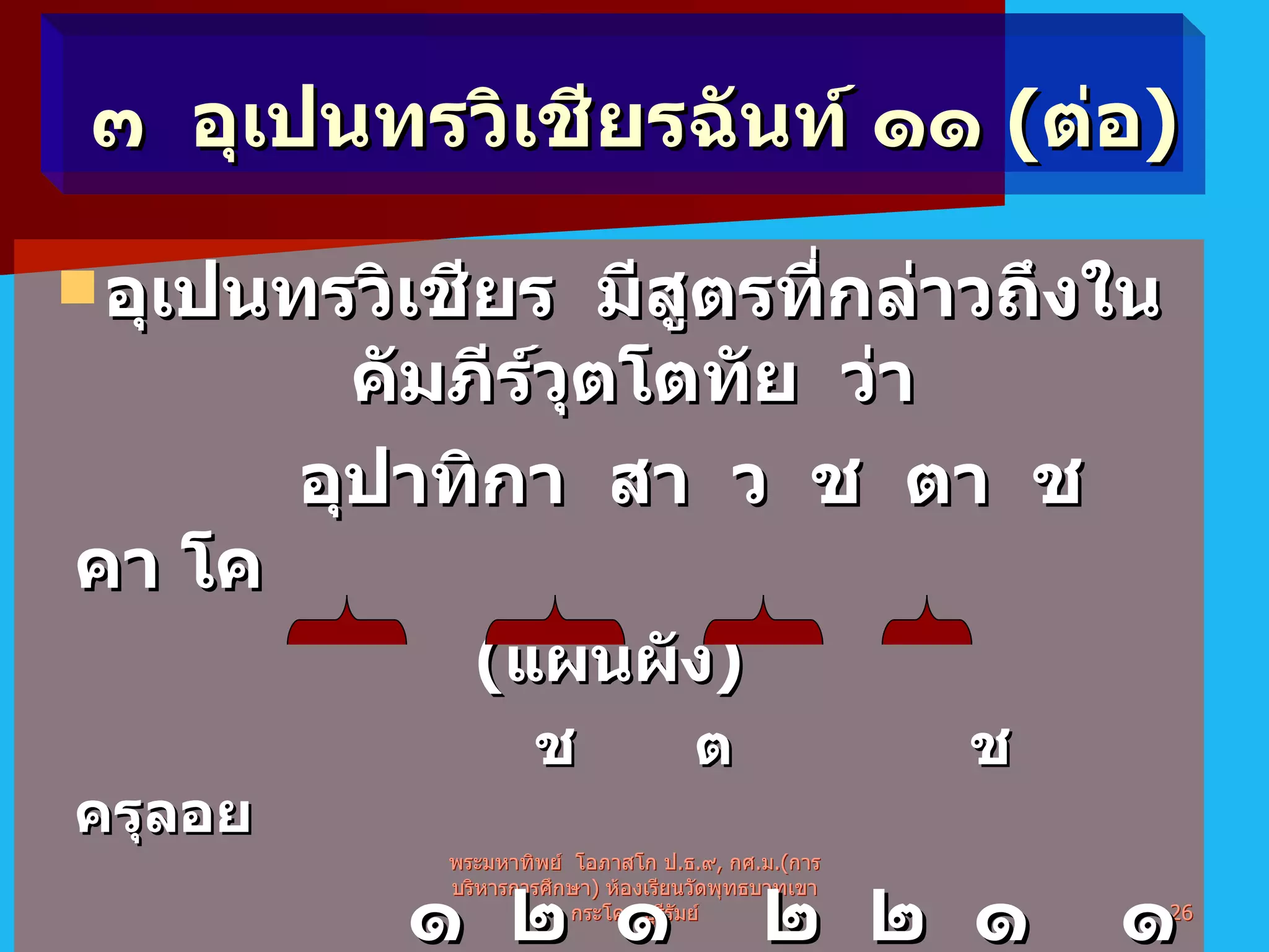 อุเปนทรวิเชียร  มีสูตรที่กล่าวถึงในคัมภีร์วุตโตทัย  ว่า   อุปาทิกา  สา  ว  ช  ตา  ช  คา โค ( แผนผัง )     ช   ต    ช   ครุลอย     ๑  ๒  ๑  ๒  ๒  ๑  ๑  ๒  ๑  ๒  ๒ สูตร  =   อุ  ปา  ทิ  กา สา ว  ช  ตา  ช  คา โค คาถาจำ  =  ย  ทา  ห  เว  ปา ตุ  ภ  วนฺ  ติ  ธมฺ มา พระมหาทิพย์  โอภาสโก ป . ธ . ๙ ,  กศ . ม .( การบริหารการศึกษา )  ห้องเรียนวัดพุทธบาทเขากระโคง บุรีรัมย์ ๓  อุเปนทรวิเชียรฉันท์ ๑๑  ( ต่อ ) 