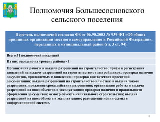 Полномочия Большесосновского сельского поселения Герб МР(ГО) Всего 31 полномочий поселений Из них передано на уровень района - 1 Перечень полномочий согласно ФЗ от 06.90.2003 № 939-ФЗ «Об общих принципах организации местного самоуправления в Российской Федерации», переданных в муниципальный район (гл. 3 ст. 94) Организация работы и выдача разрешений на строительство; приём и регистрация заявлений на выдачу разрешений на строительство от застройщиков; проверка наличия документов, прилагаемых к заявлению; проверка соответствия проектной документации; выдача разрешений на строительство или отказ в выдача такого разрешения; продление срока действия разрешения; организация работы и выдача разрешений на ввод объектов в эксплуатацию; проверка наличия и правильности оформления документов; осмотр объекта капитального строительства; выдача разрешений на ввод объекта в эксплуатацию; размещение копии схемы в информационной системе. 
