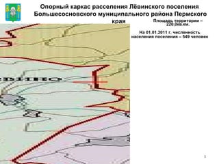 Опорный каркас расселения Лёвинского поселения Большесосновского муниципального района Пермского края   Площадь территории –220,0кв.км. На 01.01.2011 г. численность населения поселения – 549 человек 