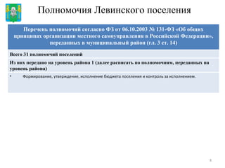 Полномочия Левинского поселения Всего 31 полномочий поселений Из них передано на уровень района 1 (далее расписать по полномочиям, переданных на уровень района) Перечень полномочий согласно ФЗ от 06.10.2003 № 131-ФЗ «Об общих принципах организации местного самоуправления в Российской Федерации», переданных в муниципальный район (гл. 3 ст. 14) Формирование, утверждение, исполнение бюджета поселения и контроль за исполнением. 