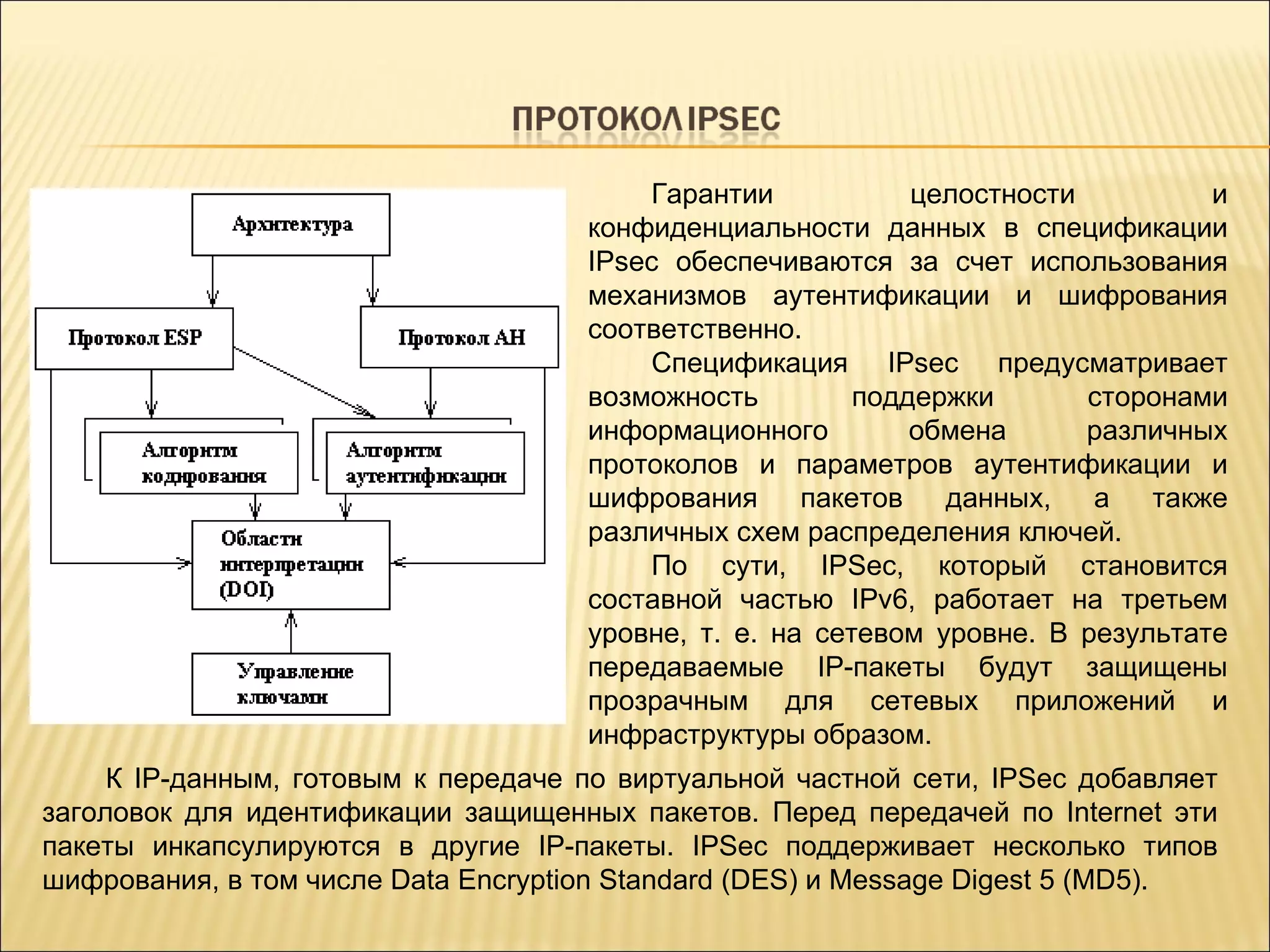 Гарантии целостности и конфиденциальности данных в спецификации IPsec обеспечиваются за счет использования механизмов аутентификации и шифрования соответственно. Спецификация IPsec предусматривает возможность поддержки сторонами информационного обмена различных протоколов и параметров аутентификации и шифрования пакетов данных, а также различных схем распределения ключей. По сути, IPSec, который становится составной частью IPv6, работает на третьем уровне, т. е. на сетевом уровне. В результате передаваемые IP-пакеты будут защищены прозрачным для сетевых приложений и инфраструктуры образом. К IP-данным, готовым к передаче по виртуальной частной сети, IPSec добавляет заголовок для идентификации защищенных пакетов. Перед передачей по Internet эти пакеты инкапсулируются в другие IP-пакеты. IPSec поддерживает несколько типов шифрования, в том числе Data Encryption Standard (DES) и Message Digest 5 (MD5).  