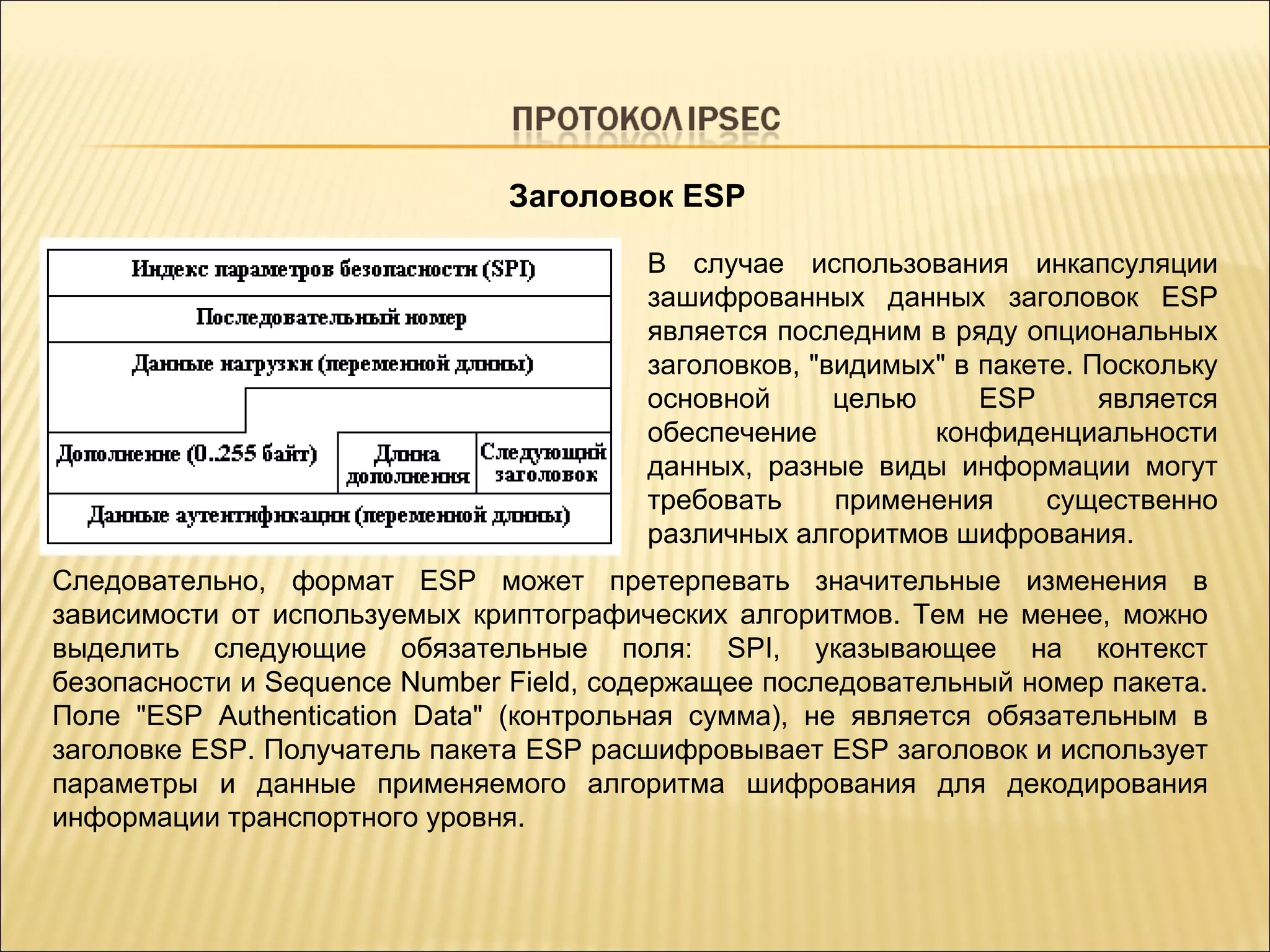 В случае использования инкапсуляции зашифрованных данных заголовок ESP является последним в ряду опциональных заголовков, "видимых" в пакете. Поскольку основной целью ESP является обеспечение конфиденциальности данных, разные виды информации могут требовать применения существенно различных алгоритмов шифрования. Следовательно, формат ESP может претерпевать значительные изменения в зависимости от используемых криптографических алгоритмов. Тем не менее, можно выделить следующие обязательные поля: SPI, указывающее на контекст безопасности и Sequence Number Field, содержащее последовательный номер пакета. Поле "ESP Authentication Data" (контрольная сумма), не является обязательным в заголовке ESP. Получатель пакета ESP расшифровывает ESP заголовок и использует параметры и данные применяемого алгоритма шифрования для декодирования информации транспортного уровня. Заголовок  ESP 