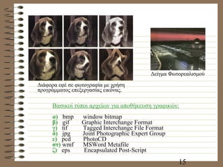 Διάφορα εφέ σε φωτογραφία με χρήση προγράμματος επεξεργασίας εικόνας. Βασικοί τύποι αρχείων για αποθήκευση γραφικών: α)  bmp  window bitmap β)  gif  Graphic Interchange Format γ)   tif  Tagged Interchange File Format  δ)  jpg  Joint Photographic Expert Group ε)  pcd  PhotoCD στ)   wmf  MSWord Metafile ζ)   eps  Encapsulated Post-Script Δείγμα Φωτορεαλισμού 