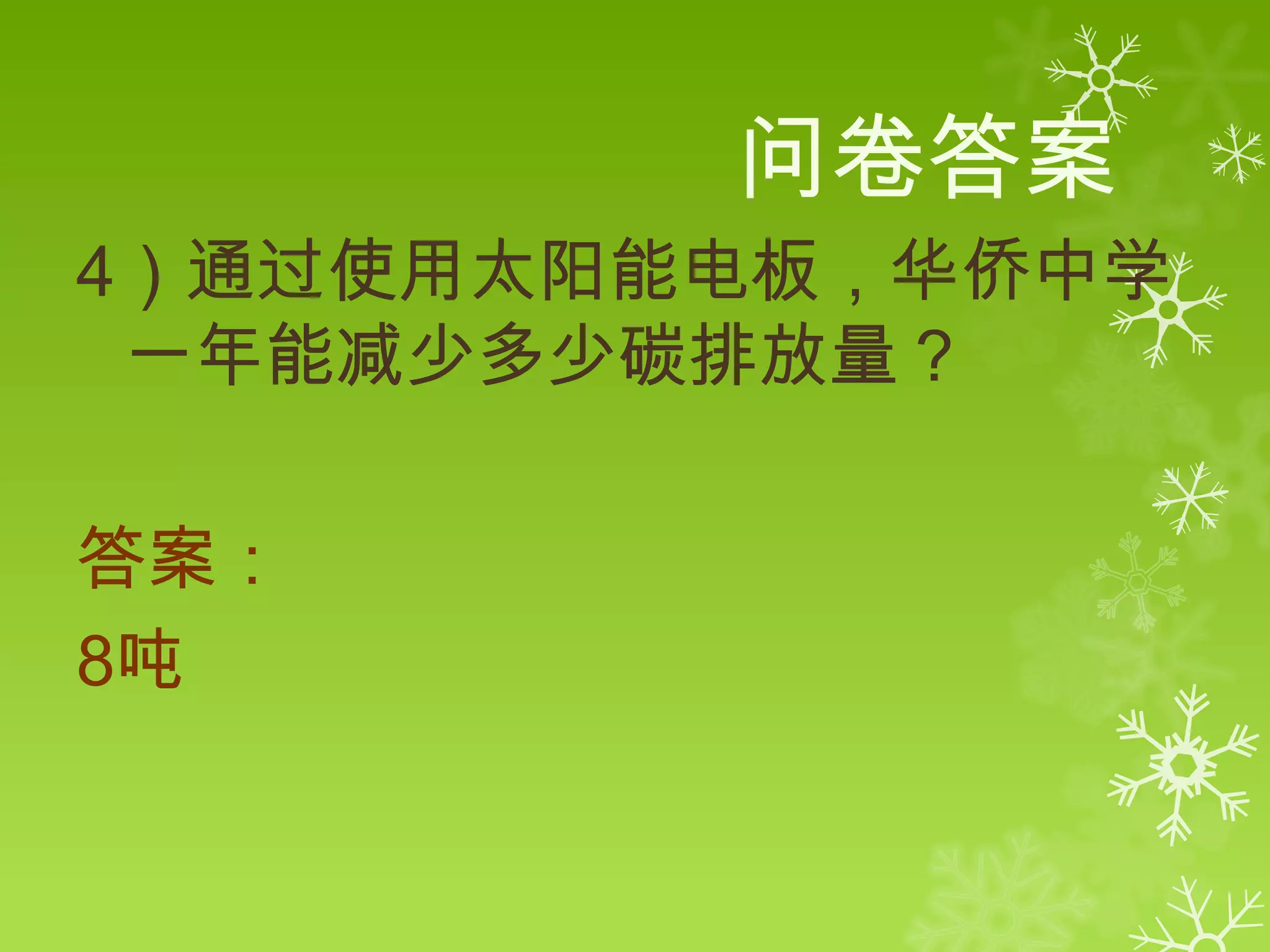 问卷答案
4）通过使用太阳能电板，华侨中学
 一年能减少多少碳排放量？

答案：
8吨
 