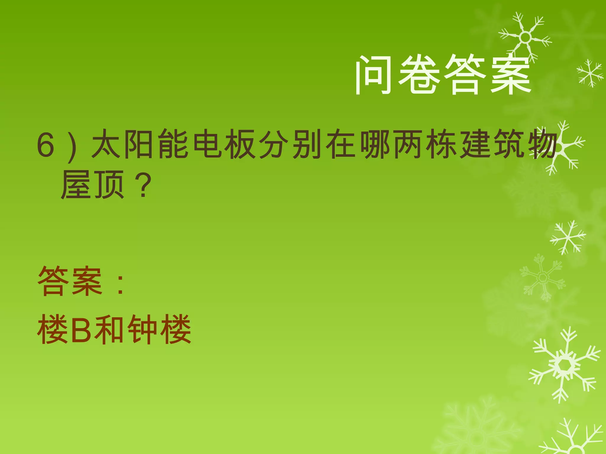 问卷答案
6）太阳能电板分别在哪两栋建筑物
 屋顶？

答案：
楼B和钟楼
 
