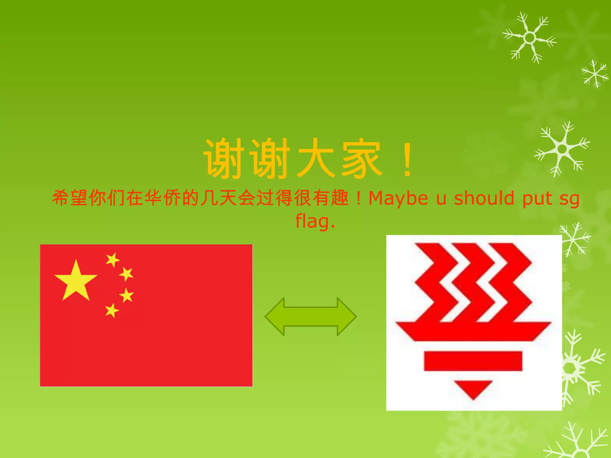 谢谢大家！
希望你们在华侨的几天会过得很有趣！Maybe u should put sg
             flag.
 