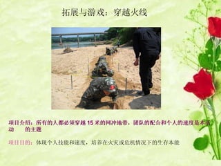 拓展与游戏：穿越火线 项目介绍：所有的人都必须穿越 15 米的网冲地带，团队的配合和个人的速度是本活动  的主题 项目目的： 体现个人技能和速度，培养在火灾或危机情况下的生存本能 
