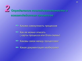 2   Определение последовательности и    взаимодействия процессов Какова совокупность процессов Как ее можно описать ( карты процесса или блок-схемы) Каковы связи между процессами Какая документация необходима 