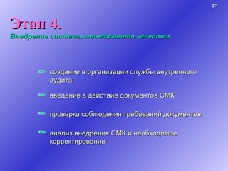 Этап 4. Внедрение системы менеджмента качества создание в организации службы внутреннего аудита введение в действие документов СМК проверка соблюдения требований документов анализ внедрения СМК и необходимое корректирование 