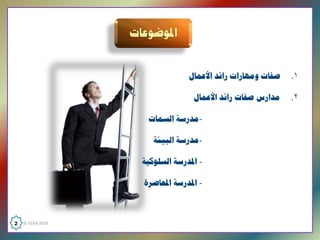 ‫ﺻﻔﺎﺕ ﻭﻣﻬﺎﺭﺍﺕ ﺭﺍﺋﺪ ﺍﻷﻋﻤﺎﻝ‬   ‫۱.‬

                                  ‫ﻣﺪﺍﺭﺱ ﺻﻔﺎﺕ ﺭﺍﺋﺪ ﺍﻷﻋﻤﺎﻝ‬    ‫۲.‬

                     ‫­ﻣﺪﺭﺳﺔ ﺍﻟﺴﻤﺎﺕ‬

                       ‫­ﻣﺪﺭﺳﺔ ﺍﻟﺒﻴﺌﺔ‬

                    ‫­ ﺍﳌﺪﺭﺳﺔ ﺍﻟﺴﻠﻮﻛﻴﺔ‬

                    ‫­ ﺍﳌﺪﺭﺳﺔ ﺍﳌﻌﺎﺻﺮﺓ‬



‫  0102 ‪2  © ILFEN‬‬
 