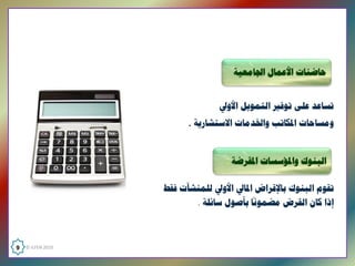 ‫  ﺣﺎﺿﻨﺎﺕ ﺍﻷﻋﻤﺎﻝ ﺍﳉﺎﻣﻌﻴﺔ‬

                                              ‫ ‬            ‫ ‬
                                 ‫ﺗﺴﺎﻋﺪ ﻋﻠﻰ ﺗﻮﻓﲑ ﺍﻟﺘﻤﻮﻳﻞ ﺍﻷﻭﱄ‬
                         ‫ﻭﻣﺴﺎﺣﺎﺕ ﺍﳌﻜﺎﺗﺐ ﻭﺍﳋﺪﻣﺎﺕ ﺍﻻﺳﺘﺸﺎﺭﻳﺔ . ‬
                                                             ‫ ‬
                                   ‫  ﺍﻟﺒﻨﻮﻙ ﻭﺍﳌﺆﺳﺴﺎﺕ ﺍﳌﻘﺮﺿﺔ : ‬
                                                           ‫ ‬
                                                             ‫ ‬
                    ‫ﺗﻘﻮﻡ ﺍﻟﺒﻨﻮﻙ ﺑﺎﻹﻗﺮﺍﺽ ﺍﳌﺎﱄ ﺍﻷﻭﱄ ﻟﻠﻤﻨﺸﺂﺕ ﻓﻘﻂ‬
                                          ‫ً‬  ‫ ‬
                           ‫ﺇﺫﺍ ﻛﺎﻥ ﺍﻟﻘﺮﺽ ﻣﻀﻤﻮﻧﺎ ﺑﺄﺻﻮﻝ ﺳﺎﺋﻠﺔ .‬



‫  0102 ‪9  © ILFEN‬‬
                                                           ‫ ‬
 