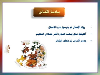 ‫ﺭﻭﺍﺩ ﺍﻹﻋﻤﺎﻝ ﱂ ﻳﺪﺭﺳﻮﺍ ﺇﺩﺍﺭﺓ ﺍﻹﻋﻤﺎﻝ‬   ‫•‬

                    ‫ﺃﻏﻠﺒﻬﻢ ﻋﻤﻞ ﲟﻬﻨﺔ ﺍﻟﺘﺠﺎﺭﺓ ﺃﻛﺜﺮ ﻣﻨﻬﺎ ﰲ ﺍﻟﺘﻌﻠﻴﻢ‬   ‫•‬

                                    ‫ﺑﺪﻭﻥ ﺍﻷﺳﺎﺱ ﻟﻦ ﻳﺘﻄﻮﺭ ﺍﳋﻴﺎﻝ‬     ‫•‬




‫  0102 ‪9  © ILFEN‬‬
 