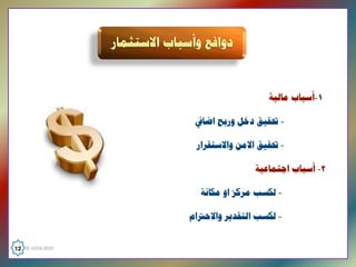 ‫١­ﺃﺳﺒﺎﺏ ﻣﺎﻟﻴﺔ‬

                       ‫­ ﲢﻘﻴﻖ ﺩﺧﻞ ﻭﺭﺑﺢ ﺍﺿﺎﰲ‬

                       ‫­ ﲢﻘﻴﻖ ﺍﻻﻣﻦ ﻭﺍﻻﺳﺘﻘﺮﺍﺭ‬

                                     ‫٢­ ﺃﺳﺒﺎﺏ ﺍﺟﺘﻤﺎﻋﻴﺔ‬

                        ‫­ ﻟﻜﺴﺐ ﻣﺮﻛﺰ ﺍﻭ ﻣﻜﺎﻧﺔ‬

                     ‫­ ﻟﻜﺴﺐ ﺍﻟﺘﻘﺪﻳﺮ ﻭﺍﻻﺣﱰﺍﻡ ‬


‫  0102 ‪12  © ILFEN‬‬
 